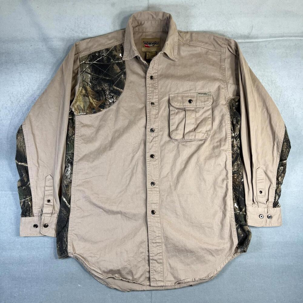Vintage Wrangler Pro Gear Shirt Mens Large Tan Camo Shooting Hunting Long Sleeve